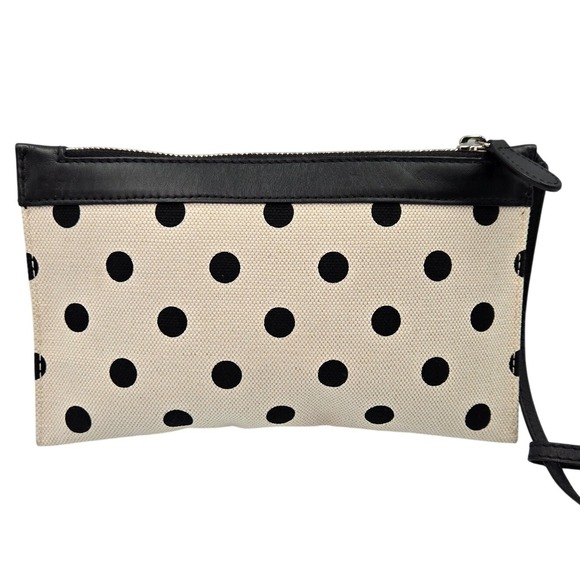 Balenciaga Navy Pouch Canvas Polka Dot Leather Trim Wristlet Clutch Black White - Picture 2 of 8